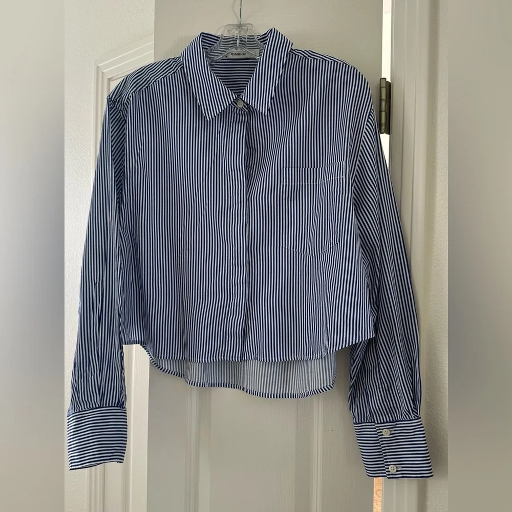 Simkhai Blue and White Striped Button-Up Shirt L - Picture 2 of 5